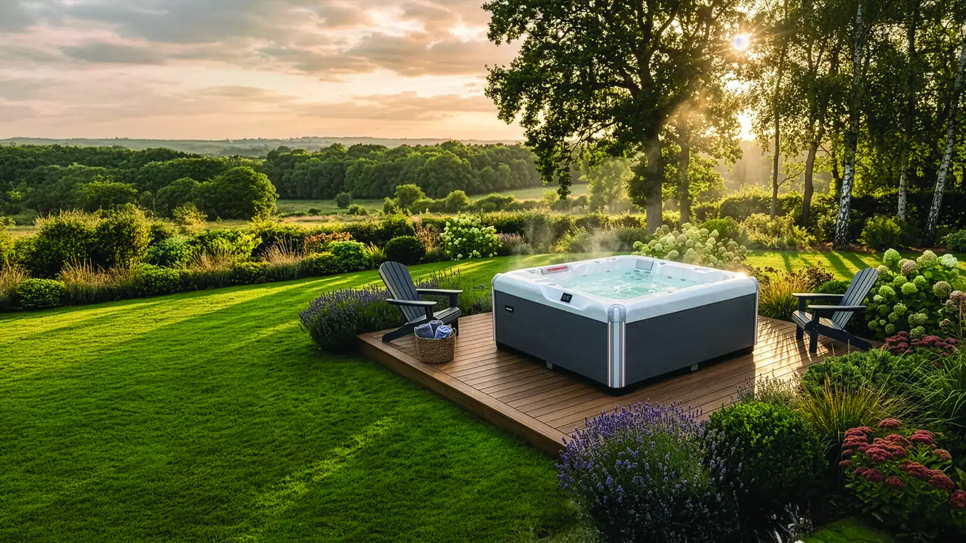 Wanna spa AquaSolus Cascade w ogrodzie o zachodzie słońca
