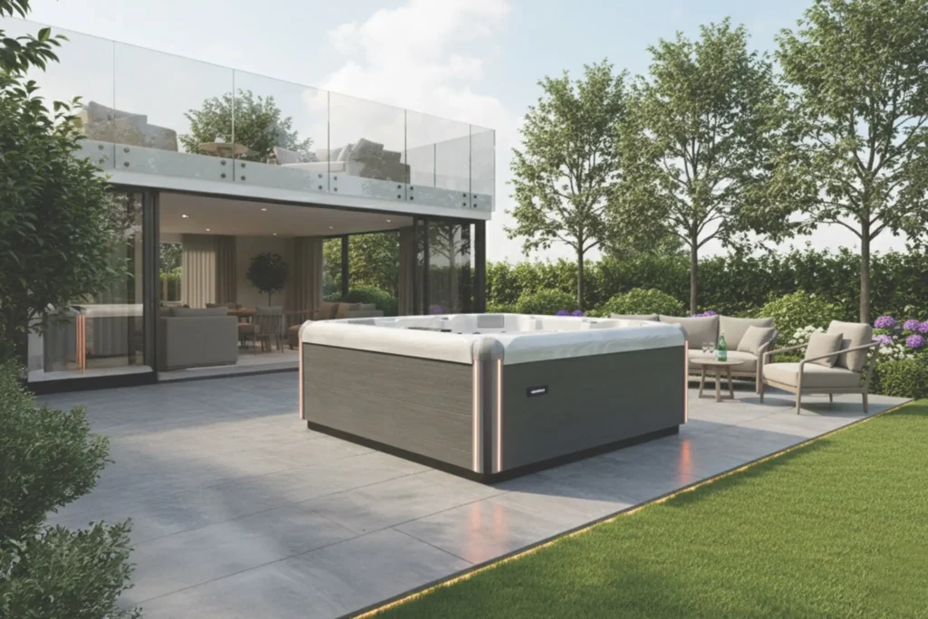 AquaSolus Cascade – jacuzzi ogrodowe z dwiema leżankami na tarasie nowoczesnego domu.